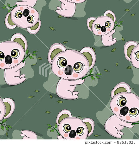 Seamless pattern with cute koala baby on color background. Funny australian animals. Card, postcards for kids. Flat vector illustration for fabric, textile, wallpaper, poster, paper 98635023