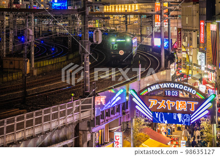 Tokyo cityscape in Japan Looking at the black Yamanote line and Ameyoko in Ueno 98635127