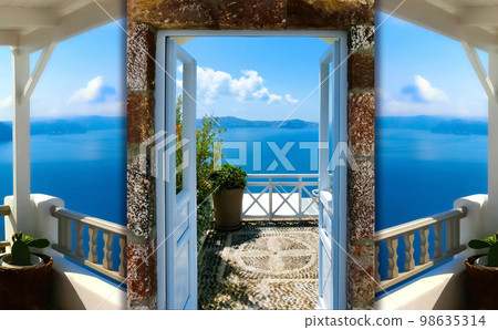 Beautiful sea view from the balcony. Oia town, Santorini island, Greece. Beautiful sea view from the balcony. Oia town, Santorini island, Greece. 98635314