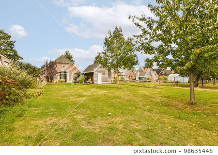 Panorama view of brick houses from an empty sidewalk street with trees and lanterns 98635448