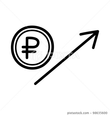 The growth of the Russian ruble. Hand drawn sketch icon of coin with the ruble symbol and up arrow. Isolated vector illustration in doodle line style. 98635600
