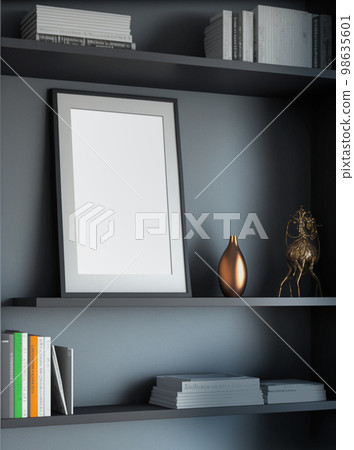 Vertical picture frame mockup on shelf, dark style Vertical picture frame mockup on shelf, dark style 98635601