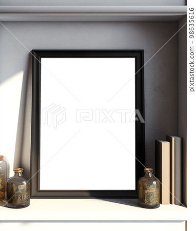 Vertical picture frame mockup on shelf, dark style Vertical picture frame mockup on shelf, dark style 98635616