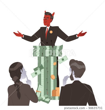Bribery and Corruption with Man Politician Character Speaking from Tribune of Money Pile Vector Illustration Bribery and Corruption with Man Politician Character Speaking from Tribune of Money Pile Vector Illustration 98635731