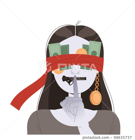 Bribery and Corruption with Woman Character Wearing Blindfold with Banknote and Coin Underneath Having Zipped Mouth Vector Illustration 98635737