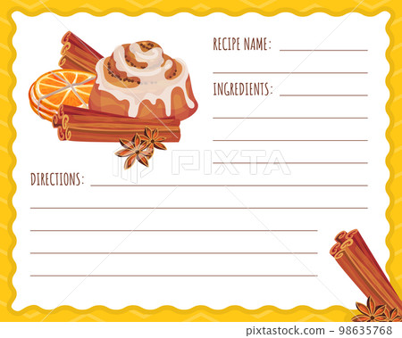 Cinnamon Orange Recipe Card Design with Citrus Fruit, Spice Sticks and Bun Vector Template Cinnamon Orange Recipe Card Design with Citrus Fruit, Spice Sticks and Bun Vector Template 98635768