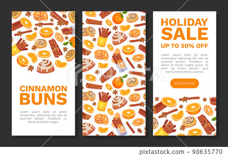Cinnamon Orange Banner Design with Citrus Fruit, Spice Sticks and Bun Vector Template 98635770