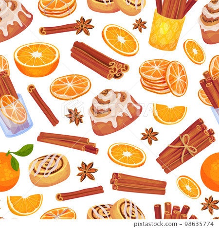 Cinnamon Orange Seamless Pattern Design with Citrus Fruit, Spice Sticks and Bun Vector Template 98635774