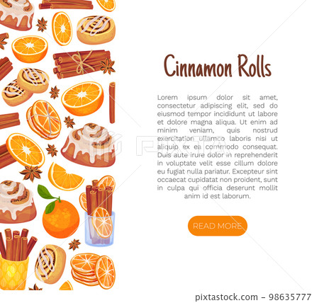 Cinnamon Orange Banner Design with Citrus Fruit, Spice Sticks and Bun Vector Template 98635777