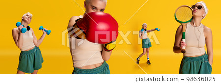Collage. Portrait of young stylish woman with short hair training with tennis racket, dumbbells and in boxing gloves isolated over yellow background 98636025