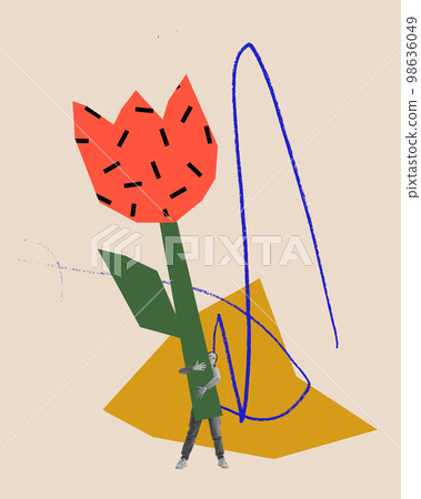 Creative colorful design. Young girl holding giant drawn flower over light background. Tulip, spring time Creative colorful design. Young girl holding giant drawn flower over light background. Tulip, spring time 98636049