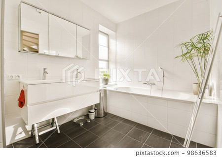 a bathroom with black tile flooring and white tiles on the walls there is a plant next to the bathtub 98636583