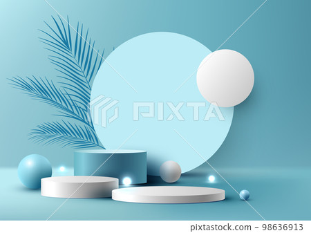 3D realistic empty studio room white and blue cylinder podium stand with circle backdrop 98636913