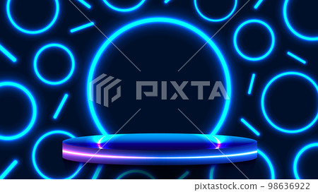 3D realistic technology cyberpunk style blue neon colors podium cylinder platform floating in the air 98636922