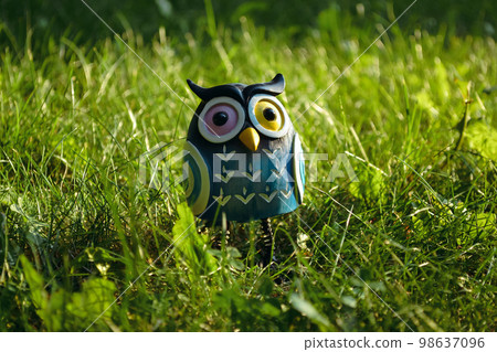 A toy of a surprised blue-colored owl with multi-colored eyes close-up stands in the middle of green grass in the light of the evening sun 98637096