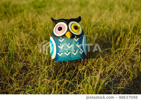 A toy of a surprised blue-colored owl with multi-colored eyes close-up stands in the middle of the grass in the light of the evening sun 98637098