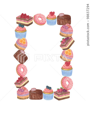 Cakes rectangular frame watercolor illustration, dessert fruit, chocolate, heart-shaped cakes, cupcake sweet bakery food design elements for home decor, cards, invitation Cakes rectangular frame watercolor illustration, dessert fruit, chocolate, heart-shaped cakes, cupcake sweet bakery food design elements for home decor, cards, invitation 98637294