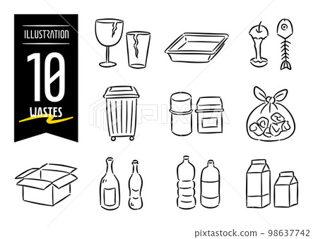 一套 10 個手繪流行風格圖標插圖的廢物圖案 一套 10 個手繪流行風格圖標插圖的廢物圖案 98637742