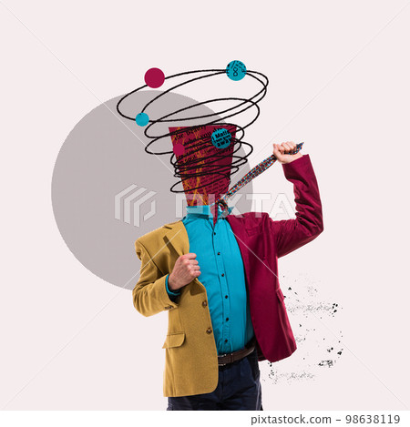Tired emotional employee. Overworking. Businessman in a suit expressing feelings. Modern design, contemporary art collage Tired emotional employee. Overworking. Businessman in a suit expressing feelings. Modern design, contemporary art collage 98638119