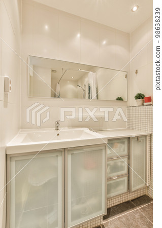 a bathroom with two sinks and a mirror on the wall behind it is a plant in a red vase sitting next to the sink a bathroom with two sinks and a mirror on the wall behind it is a plant in a red vase sitting next to the sink 98638239