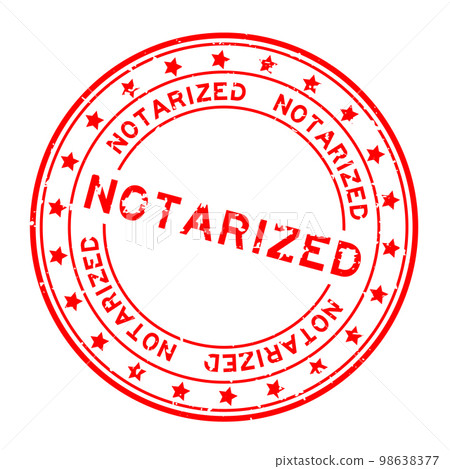 Grunge red notarized word with star icon round rubber seal stamp on white background 98638377