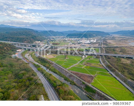 Aerial view of the farm landscape near Huoyan Shan Aerial view of the farm landscape near Huoyan Shan 98639367