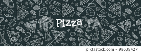 Seamless pattern slice pizza Pepperoni, Hawaiian, Margherita, Mexican, Seafood, Capricciosa with ingredients. Vintage vector engraving 98639427
