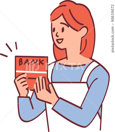 一位微笑的家庭主婦檢查存摺的插圖 98639872