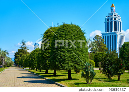 A city park with neatly trimmed trees and modern buildings in the background A city park with neatly trimmed trees and modern buildings in the background 98639887