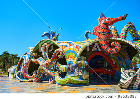 Sculptures of sea animals decorated with colored mosaics on the playground Sculptures of sea animals decorated with colored mosaics on the playground 98639888
