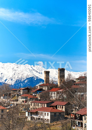 Landscape view of the town of Mestia in the Sakartvelo Mountains. The famous towers of Svania Landscape view of the town of Mestia in the Sakartvelo Mountains. The famous towers of Svania 98640091