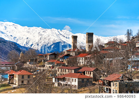 Landscape view of the town of Mestia in the Sakartvelo Mountains. The famous towers of Svania Landscape view of the town of Mestia in the Sakartvelo Mountains. The famous towers of Svania 98640093