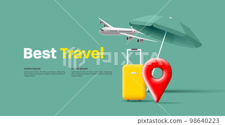 Travel agency banner with travel bags, airplane and sun umbrella, 3d render illustration 98640223