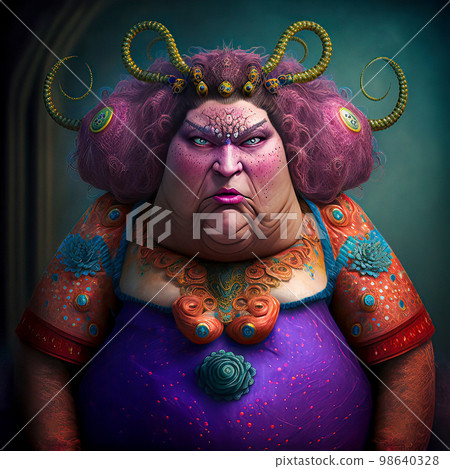 Colorful Character Portrait, an Older Woman With Bloated Body, Angry Face, Pink Hair and Horns on Her Head 98640328