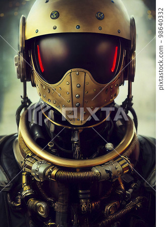 An Imposing Cyborg, Outfitted in a Striking Gold Helmet with Deep Red front Glass, Stands Ready for Battle with an Array of High-tech Gadgets Adorning His Jacket, Exuding a Menacing and 98640332