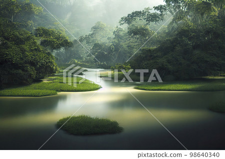 A Tropical River in the Jungle with Picturesque and Tranquil Body of Water Winding its Way through the Dense Rainforest. Lush and Vibrant Green Foliage on the Banks A Tropical River in the Jungle with Picturesque and Tranquil Body of Water Winding its Way through the Dense Rainforest. Lush and Vibrant Green Foliage on the Banks 98640340