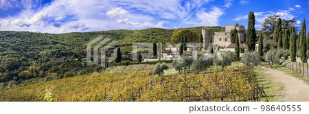 Italy, Toscana landscape. Scenic vineyards of Tuscany. view of medieval castle - Castello di Meleto in Chianti region. Italy, Toscana scenery Italy, Toscana landscape. Scenic vineyards of Tuscany. view of medieval castle - Castello di Meleto in Chianti region. Italy, Toscana scenery 98640555