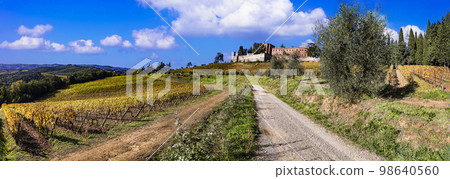 Italy, scenery of Tuscany. panoramic view of beautiful medieval castle Castello di Brolio in Chianti region surrounded by golden autumn vineyards Italy, scenery of Tuscany. panoramic view of beautiful medieval castle Castello di Brolio in Chianti region surrounded by golden autumn vineyards 98640560