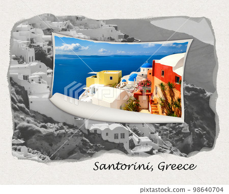 Beautiful sea view from the balcony. Oia town, Santorini island, Greece. Art design or collage 98640704