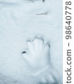 Child's hand prints on the fresh snow 98640778
