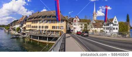 panoramic view of beautiful old town Stein am Rhein in Switzerland border with Germany. Popular tourist destination panoramic view of beautiful old town Stein am Rhein in Switzerland border with Germany. Popular tourist destination 98640800