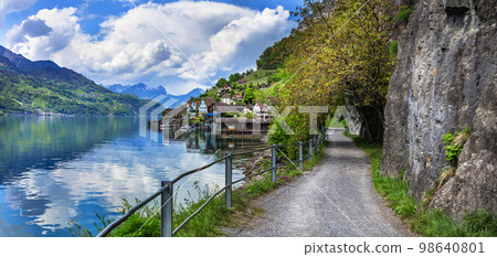 Beautiful scenic lakes of Switzerland - Walensee ,tranquil typical small village Quinten. Beautiful scenic lakes of Switzerland - Walensee ,tranquil typical small village Quinten. 98640801