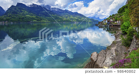 Beautiful scenic lakes of Switzerland - Walensee ,tranquil typical small village Quinten. Beautiful scenic lakes of Switzerland - Walensee ,tranquil typical small village Quinten. 98640802
