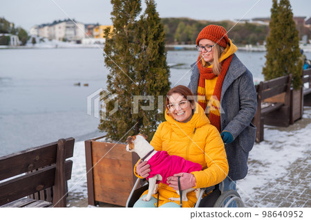 A woman in a wheelchair walks with her friend and a dog by the lake in winter. 98640952