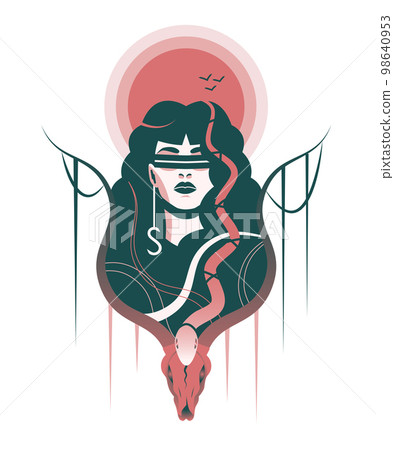 Illustration of a woman with snakes and skull. Illustration of a woman with snakes and skull. 98640953