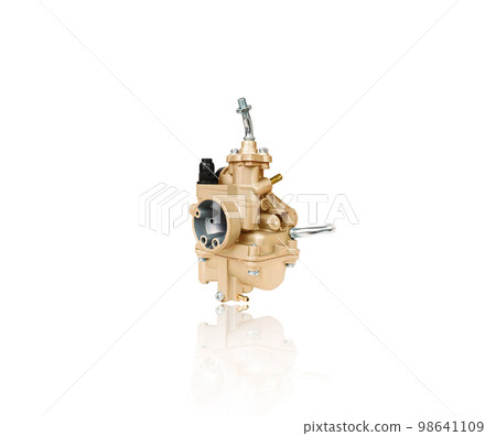 New motorcycle carburetor isolated on white background with reflection and clipping path New motorcycle carburetor isolated on white background with reflection and clipping path 98641109
