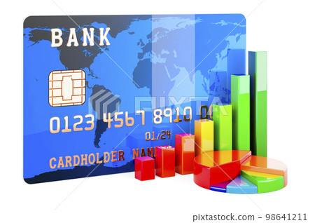 Credit Card with growth bar graph and pie chart. 3D rendering 98641211