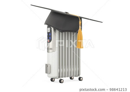 Electric oil heater with education hat. 3D rendering Electric oil heater with education hat. 3D rendering 98641213