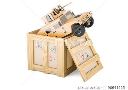 High Mobility Multipurpose Wheeled Vehicle inside wooden box, delivery concept. 3D rendering 98641215