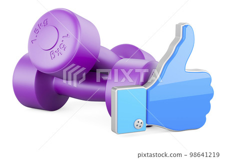 Neoprene dumbbells with like icon, 3D rendering Neoprene dumbbells with like icon, 3D rendering 98641219